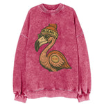 Miami Flamingo wearing Miami beanie with pom pom and wayfarer sunglasses - Vintage Sweatshirt