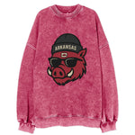 Fayetteville Razorback wearing Arkansas beanie with hog patch - Vintage Sweatshirt