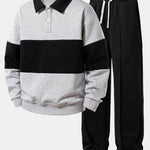 Relax Fit Color Block Polo Collar Sweatshirt & Straight Leg Pleated Pintuck Sweatpants