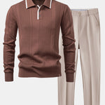 Long Sleeved Knitted Stripe Jacquard Polo Shirt & Slim Fit Tapered Trousers