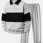 Relax Fit Color Block Polo Collar Sweatshirt & Slit Hem Stripe Pants