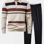 Long Sleeve Stripe Knit Polo Shirt & Slim Fit Tapered Trousers