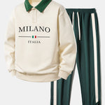 Relax Fit Milano Print Contrast Polo Sweatshirt & Slit Hem Stripe Pants