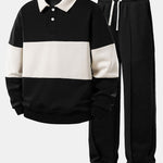 Relax Fit Color Block Polo Collar Sweatshirt & Straight Leg Pleated Pintuck Sweatpants