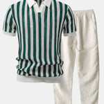Stripe Johnny Collar Open Knit Polo & Straight Leg Linen Pants