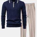 Long Sleeved Knitted Stripe Jacquard Polo Shirt & Slim Fit Tapered Trousers