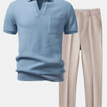 Waffle Johnny Collar Polo With Pocket & Slim Fit Tapered Trousers