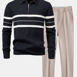 Stripe Zip Knit Ribbed Polo Shirt & Slim Fit Tapered Trousers