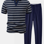 Stripe Waffle Johnny Collar Polo & Slim Fit Tapered Trousers