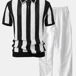 Striped Eyelet Knit Zip Up Polo Shirt & Straight Leg Linen Pants