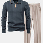 Long Sleeved Knitted Stripe Jacquard Polo Shirt & Slim Fit Tapered Trousers