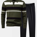 Long Sleeve Stripe Knit Polo Shirt & Slim Fit Tapered Trousers