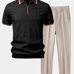 Contrast Trim Textured Zipper Knit Polo & Slim Fit Tapered Trousers