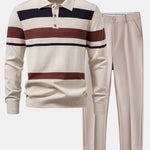 Long Sleeve Stripe Knit Polo Shirt & Slim Fit Tapered Trousers