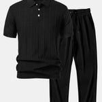 Stripe Jacquard Knit Polo Shirt & Straight Leg Ribbed Pants