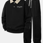 Relax Fit Milano Print Contrast Polo Sweatshirt & Straight Leg Pleated Pintuck Sweatpants