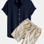 Linen And Rayon Blend Stand Collar Shirt & Linen Cotton Blend Drawstring Shorts