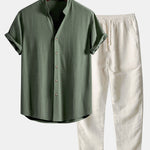 V Neck Linen Rayon Blend Shirt & Straight Leg Linen Pants
