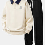 Relax Fit Ghost Drinking Coffee Print Contrast Polo Sweatshirt & Straight Leg Pleated Pintuck Sweatpants