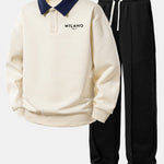 Relax Fit Milano Print Contrast Polo Sweatshirt & Straight Leg Pleated Pintuck Sweatpants