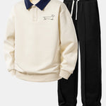 Relax Fit Line Dachshund Print Contrast Polo Sweatshirt & Straight Leg Pleated Pintuck Sweatpants