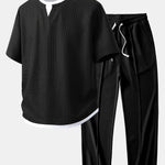 Relax Fit 2 In 1 Notched Collar Waffle T-Shirt & Waffle Pleated Pintuck Straight Leg Pants
