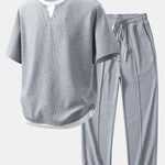 Relax Fit 2 In 1 Notched Collar Waffle T-Shirt & Waffle Pleated Pintuck Straight Leg Pants