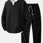 Relax Fit Long Sleeve 2 In 1 Waffle T-Shirt & Waffle Pleated Pintuck Straight Leg Pants