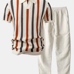 Striped Knit Johnny Collar Polo & Straight Leg Linen Pants