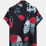 Skull Rose Print Revere Collar Shirt