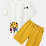 Graffiti Bear Print Drop Shoulder Oversize T-Shirt & Man Mid Length Shorts