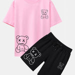 Simple Bear Print Drop Shoulder Oversize T-Shirt & Shorts