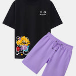 Graffiti Bear Print Drop Shoulder Oversize T-Shirt & Man Mid Length Shorts