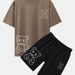Simple Bear Print Drop Shoulder Oversize T-Shirt & Shorts