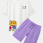 Graffiti Bear Print Drop Shoulder Oversize T-Shirt & Man Mid Length Shorts
