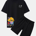 Graffiti Bear Print Drop Shoulder Oversize T-Shirt & Man Mid Length Shorts