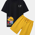 Graffiti Bear Print Drop Shoulder Oversize T-Shirt & Man Mid Length Shorts
