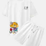 Graffiti Bear Print Drop Shoulder Oversize T-Shirt & Man Mid Length Shorts