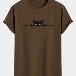 Black Cat Print Cotton Arc Hem T-Shirt
