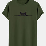 Black Cat Print Cotton Arc Hem T-Shirt