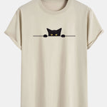 Black Cat Print Cotton Arc Hem T-Shirt