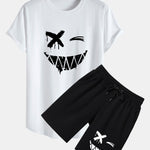 Smiley Face Print Cotton Arc Hem T-Shirt & Shorts