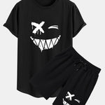 Smiley Face Print Cotton Arc Hem T-Shirt & Shorts