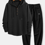 Long Sleeve Waffle Half Button Placket Arc Hem Hooded T-shirt & Drawstring Waffle Jogger Pants