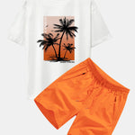 Palm Tree Orange Background Print Oversize T-Shirt & Solid Zip Pocket Swim Shorts