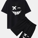 Dissolved Smiley Face Print Drop Shoulder Oversize T-Shirt & Shorts