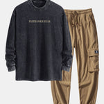 Faith Over Fear Print Relax Fit Washed Distressed T-Shirt & Drawstring Corduroy Cargo Jogger Pants