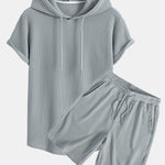 Knitted Waffle Arc Hem Hooded T-Shirt & Drawstring Waffle Shorts