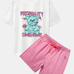 Dissolving Bear Slogan Print Drop Shoulder Oversize T-Shirt & Zip Pocket Swim Shorts