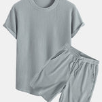 Knitted Waffle Arc Hem T-Shirt & Drawstring Waffle Shorts